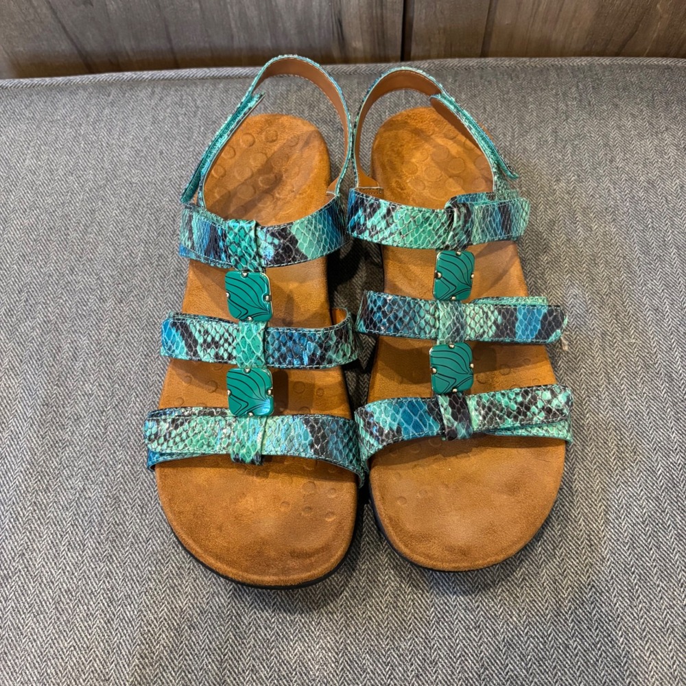 Vionic Amber Teal Blue Snakeskin Orthotic Sandals Womens 10